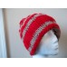 Hand knitted bulky & warm striped pom pom beanie/hat  bright red/beige  eb-63916344